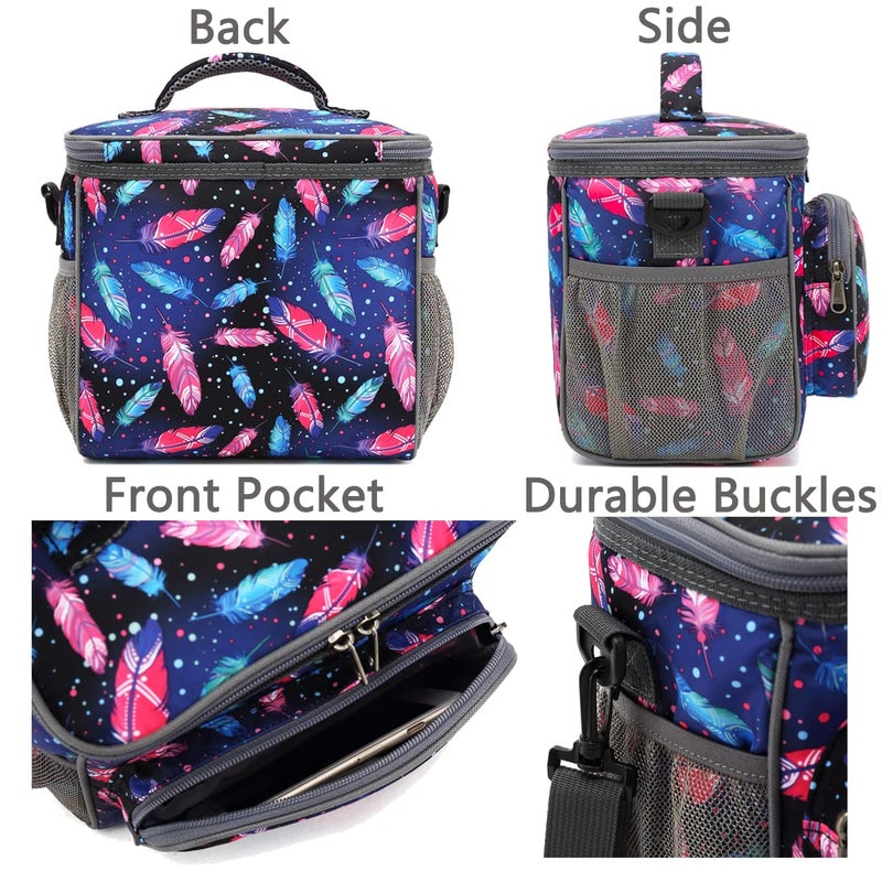 FlowFly Insulated Reusable Lunch Bag Adult Large Lunch Box for Women and Men with Adjustable Shoulder Strap,Front Zipper Pocket and Dual Large Mesh Side Pockets,Feather - Image 5